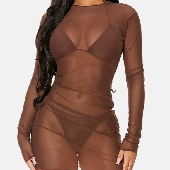 Other - brown Cover Me Long Sleeve Mesh Sheer Pool Swimwear Coverup Mini Dress